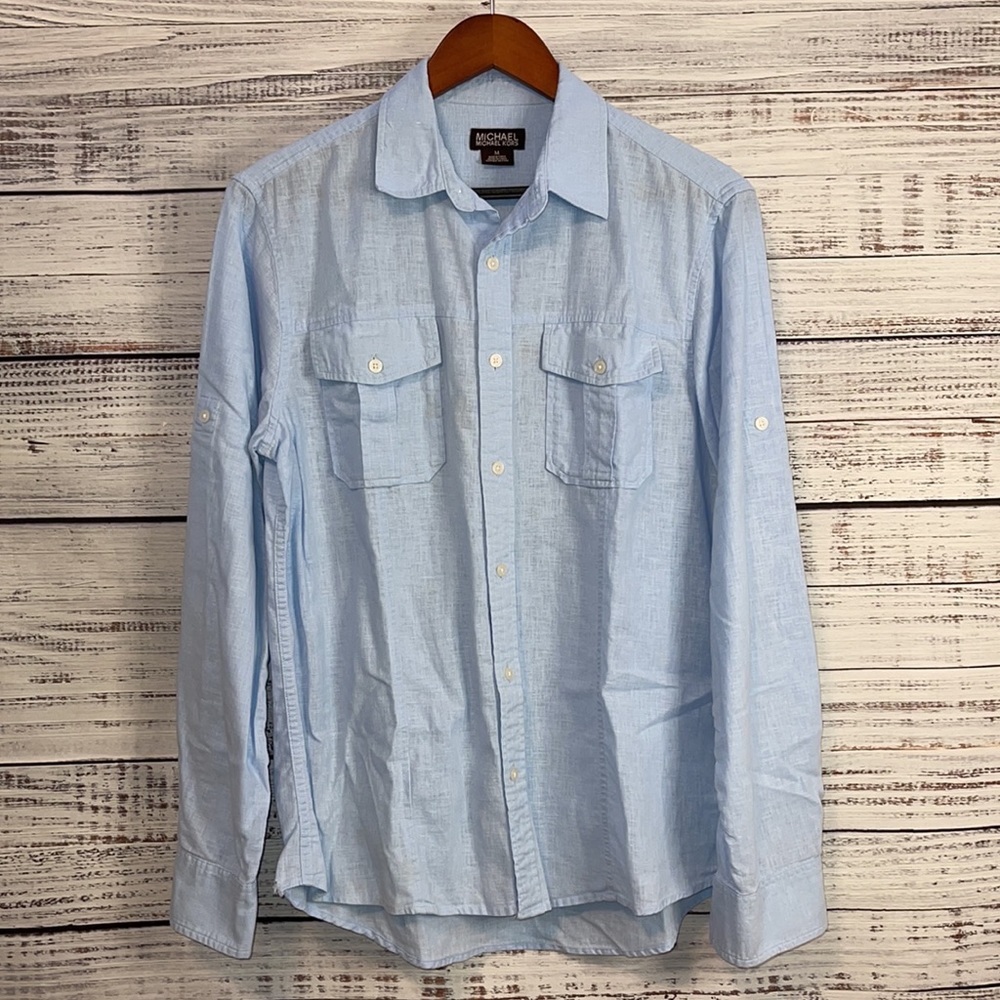 🔥 SALE MICHAEL KORS Blue Linen Button Down Shirt | Size Medium